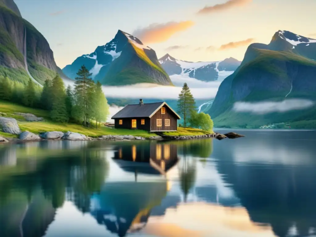Retiro espiritual en los fiordos noruegos: cabaña serena al atardecer Retiros espirituales en fiordos noruegos: cabaña tranquila junto a aguas serenas y montañas envueltas en niebla al atardecer