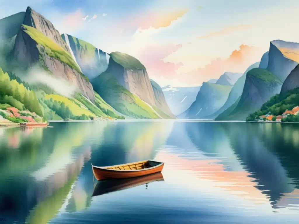 Tranquilo paisaje acuarela en fiordo noruego Retiros espirituales en fiordos noruegos: Pintura tranquila de un fiordo noruego, con acantilados, niebla, agua tranquila y un bote sereno