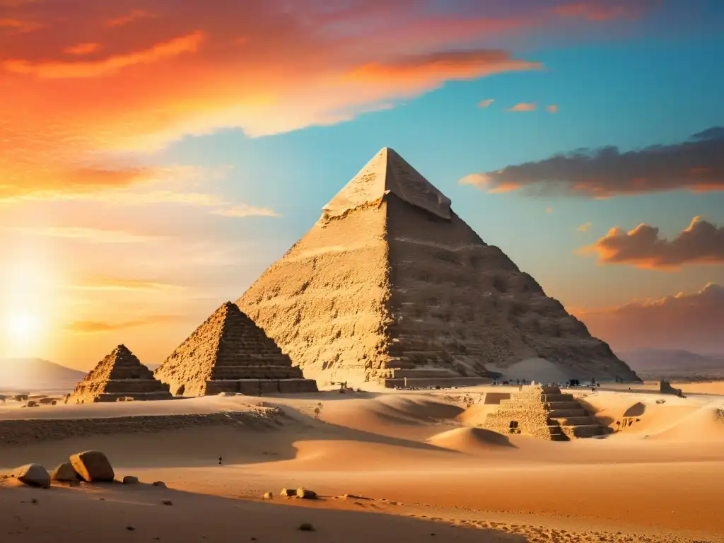 Majestuosa Pirámide de Giza al atardecer: acuarela vibrante y serenidad Retiros espirituales en Egipto para meditación: la Gran Pirámide de Giza al atardecer, con tonos vibrantes en acuarela y una atmósfera etérea