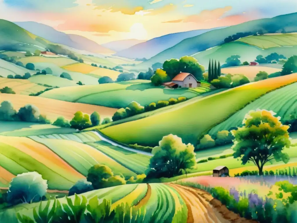 Retiros espirituales en granjas orgánicas: Pintura acuarela de una granja orgánica exuberante al amanecer, con campos vibrantes y una casa tranquila entre el paisaje natural, bañada por la cálida luz del amanecer