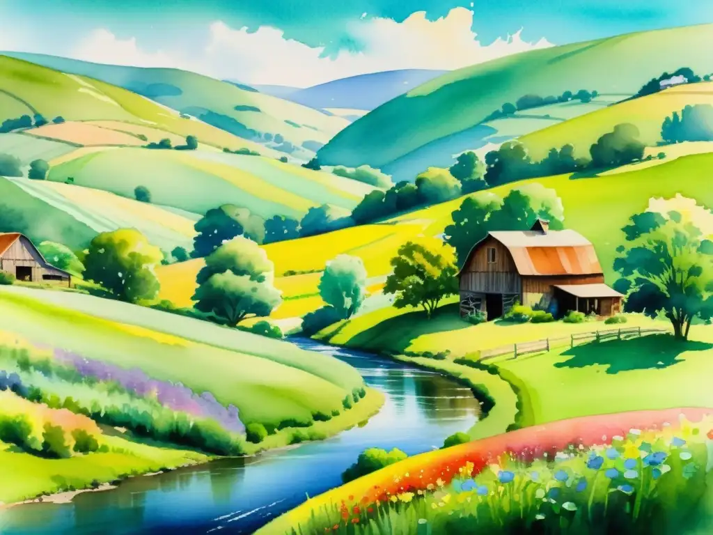 Retiros espirituales en granjas orgánicas: Pintura acuarela de granja orgánica en colinas, con campo verde, flores y cielo tranquilo