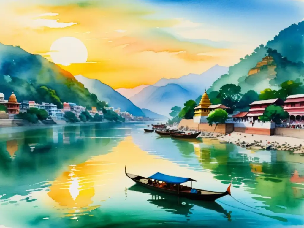 Pintura acuarela del atardecer en el Ganges en Rishikesh Retiros espirituales en Rishikesh India: Pintura acuarela serena del Ganges al atardecer, reflejando la ciudad antigua y la tranquilidad del río