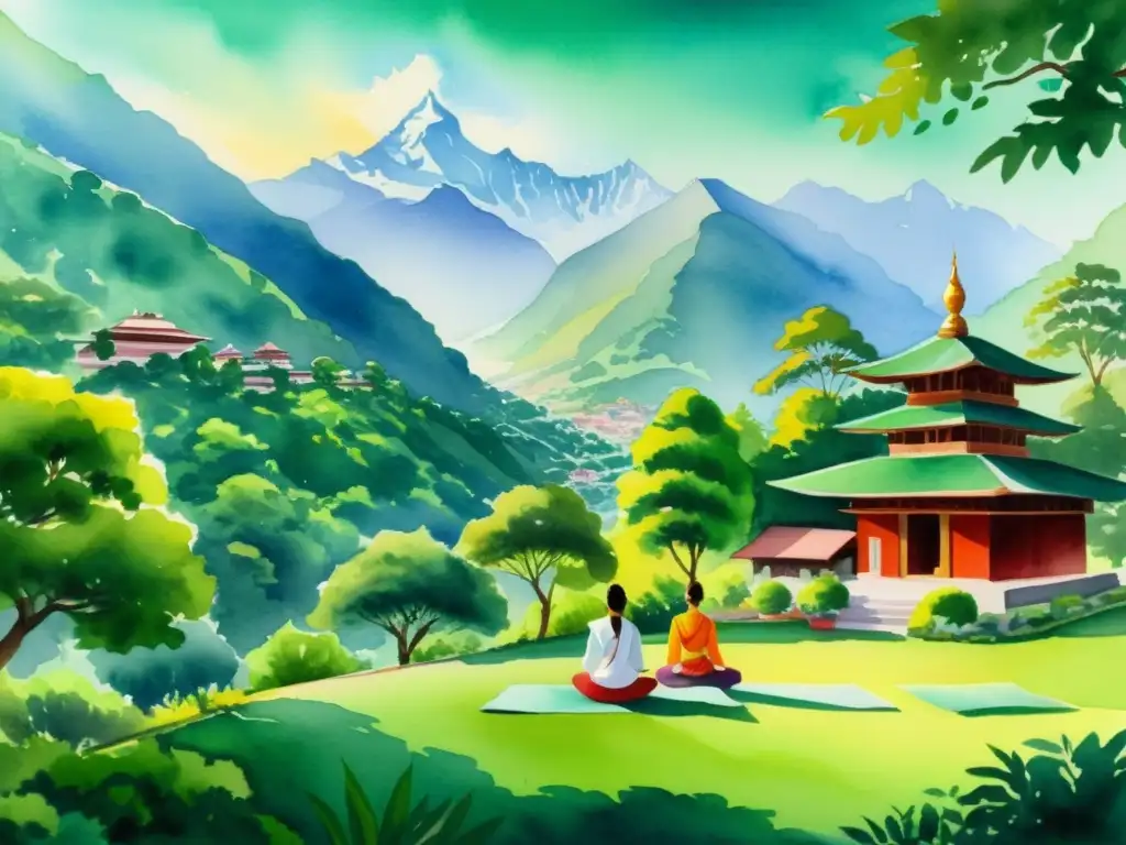 Retiros espirituales India Védicos meditación: Pintura detallada de un ashram en el Himalaya, con meditadores practicando yoga y el río fluyendo