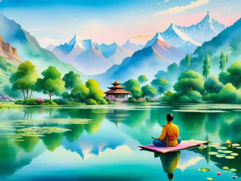 Retiros espirituales India Védicos meditación: Pintura acuarela serena de un ashram en el Himalaya, con figuras meditando junto a un lago