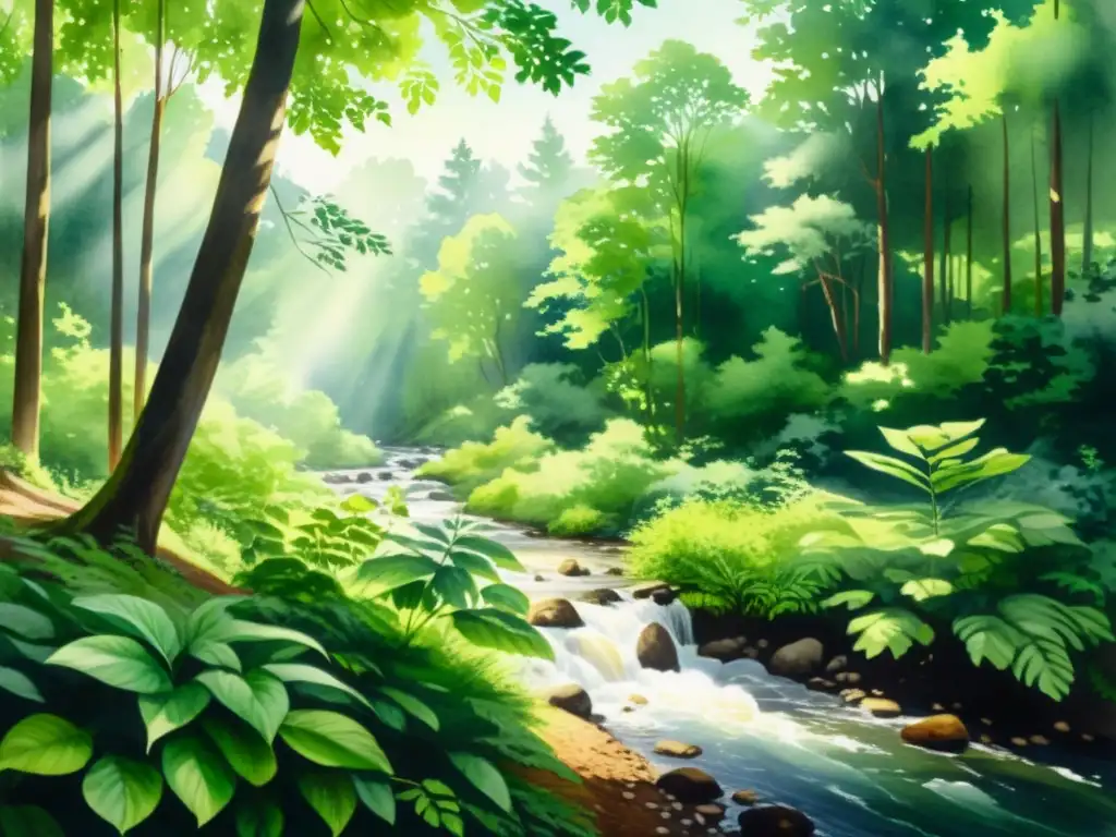 Bosque sereno: Acuarela verde con río tranquilo Retiros espirituales con inteligencia artificial: Pintura acuarela de un bosque exuberante con río sereno y luz filtrada entre las hojas