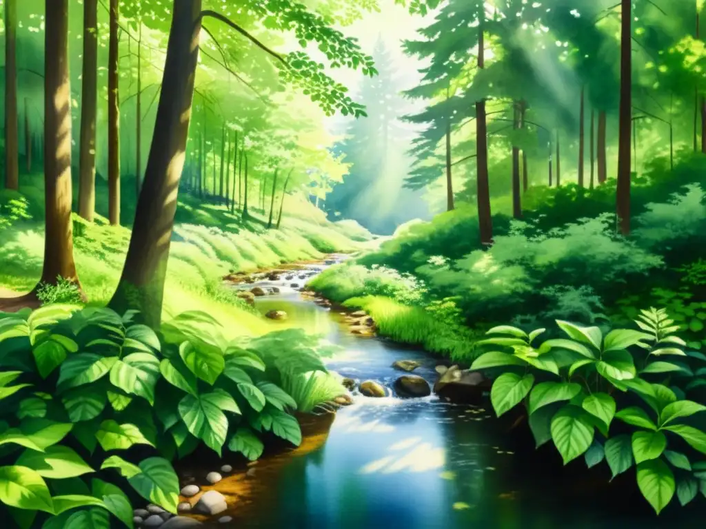 Tranquilo bosque verde en acuarela Retiros espirituales con inteligencia artificial: Pintura acuarela de un bosque exuberante con un arroyo tranquilo y luz filtrando entre las hojas