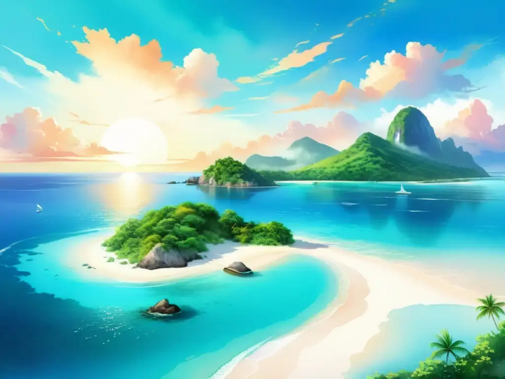Paraíso sereno: isla remota, aguas cristalinas, amanecer colorido Retiros espirituales en islas remotas: un paraíso de aguas turquesas, playas blancas y un amanecer de colores, evocando paz y serenidad