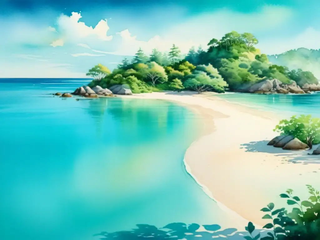 Isla serena: acuarela de naturaleza y tranquilidad Retiros espirituales en islas remotas: Pintura serena de una isla virgen con exuberante vegetación y aguas cristalinas turquesa