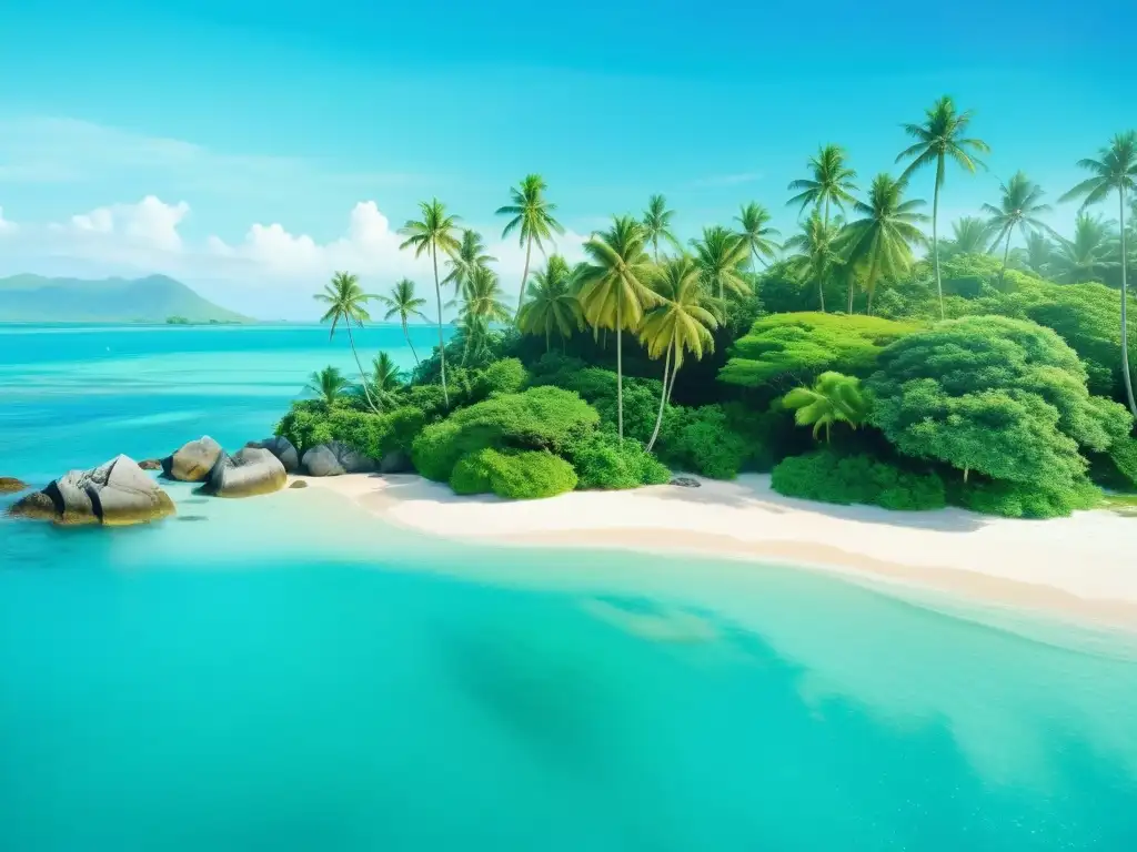Paraíso sereno: isla remota de meditación Retiros espirituales en islas remotas: una isla serena rodeada por aguas turquesas, vegetación exuberante y un refugio entre palmeras