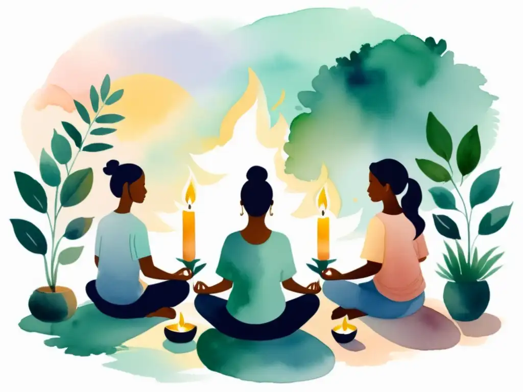 Meditación virtual: armonía y paz en colores suaves Retiros espirituales en línea: Acuarela serena de meditación virtual en tonos suaves, gente meditando en armonía y conexión espiritual