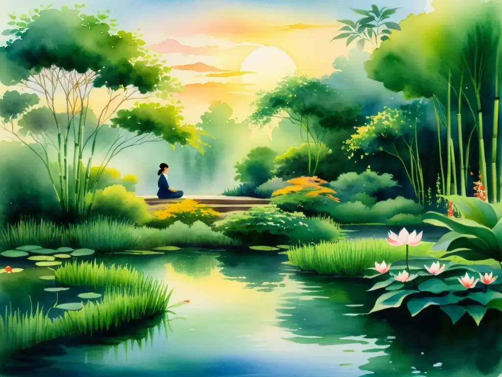 Jardín de meditación con loto y peces koi Retiros espirituales meditación silencio: Pintura acuarela de jardín de meditación con loto, estanque de peces koi, bambú y figura en contemplación