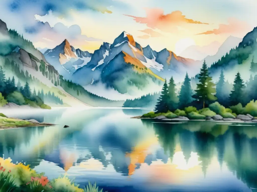 Pintura acuarela 8k: Sereno atardecer en las montañas Retiros espirituales meditación silencio: Acuarela de montañas serenas, lago tranquilo y colores vibrantes al atardecer