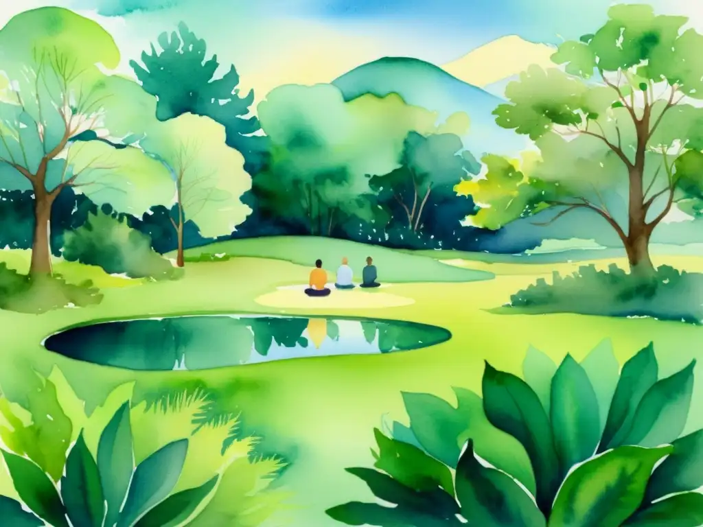 Armonía en movimiento: pintura acuarela de meditación en la naturaleza Retiros espirituales con movimiento consciente: pintura acuarela serena de personas practicando en un entorno natural, rodeados de verdor