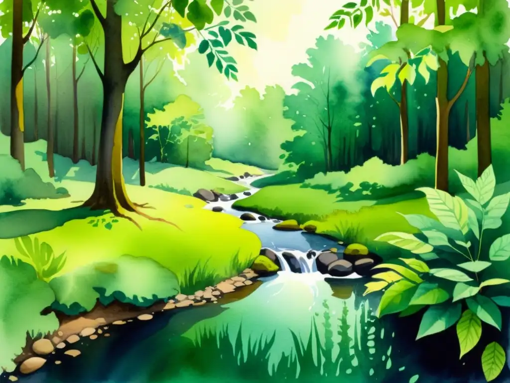 Retiros espirituales en la naturaleza: un bosque sereno con luz solar filtrándose entre los árboles, reflejando paz y conexión