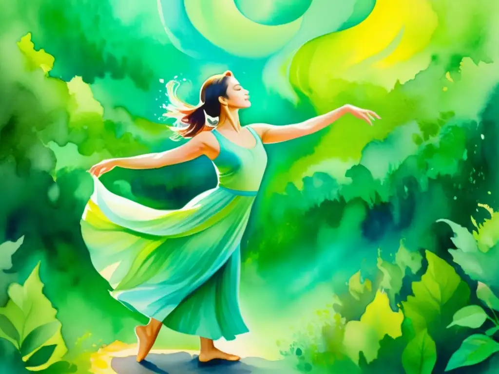 Danza espiritual en la naturaleza: acuarela serena Retiros espirituales: danza, introspección y renovación en la naturaleza, conectando con lo divino a través del movimiento