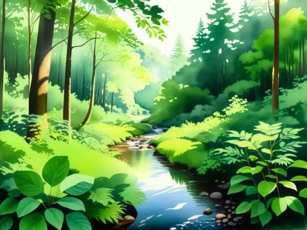 Bosque verde exuberante con arroyo sereno Retiros espirituales en la naturaleza: Pintura acuarela de un bosque exuberante con luz filtrada y un arroyo sereno