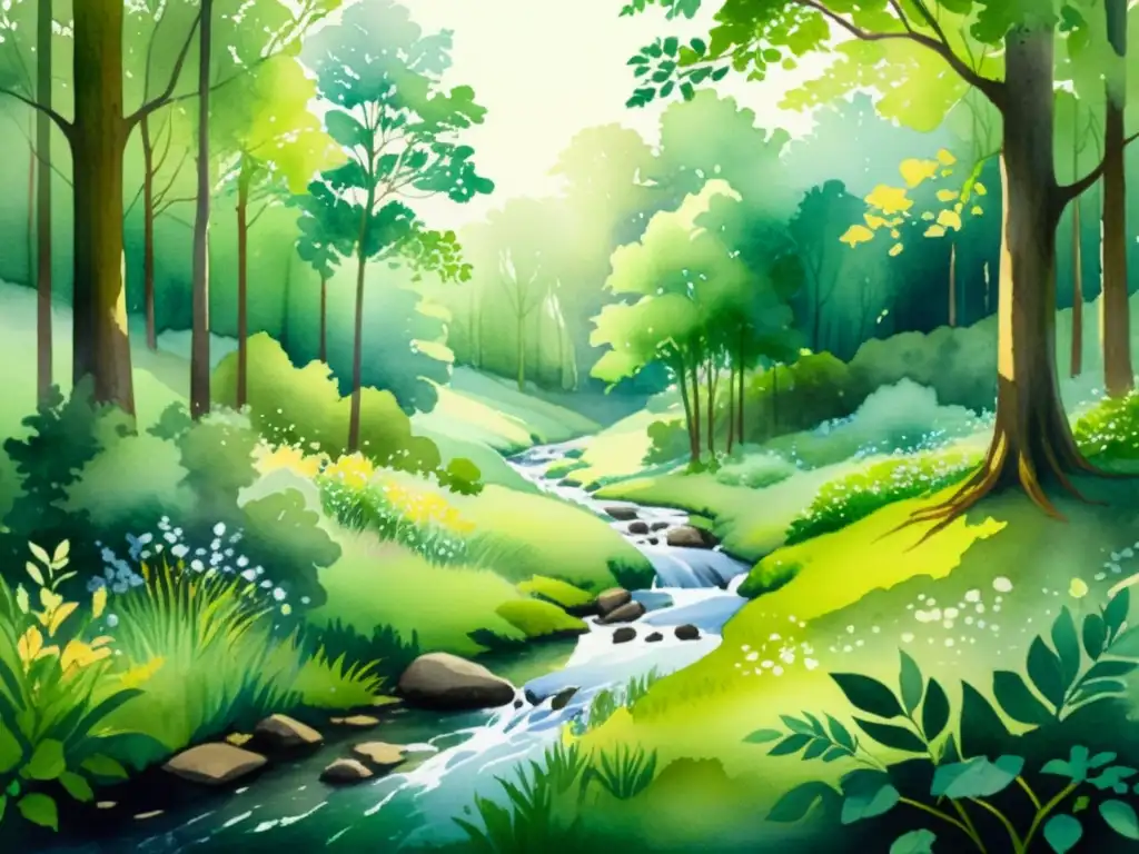 Bosque sereno: acuarela etérea de la naturaleza Retiros espirituales en la naturaleza: una pintura etérea de un claro de bosque tranquilo, iluminado por la luz del sol entre el frondoso dosel verde