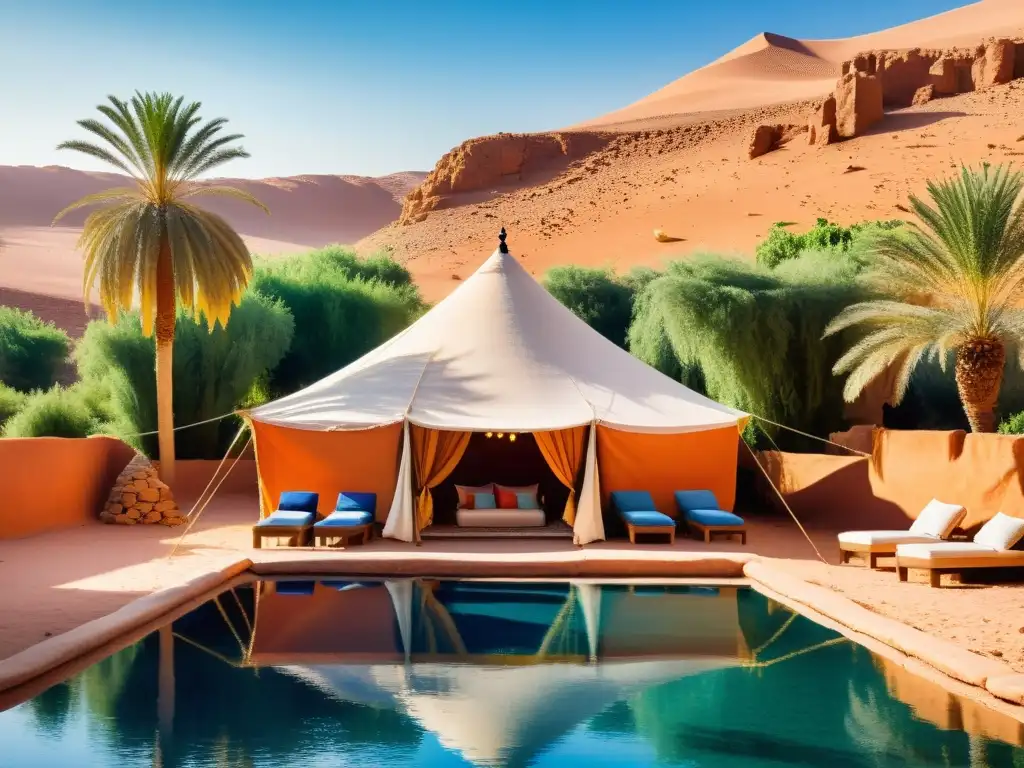 Oasis sereno en el desierto marroquí: pintura acuarela de la tranquilidad Retiros espirituales en Marruecos: Un oasis sereno en el desierto, con palmeras verdes y una tienda bereber junto a una piscina tranquila y cristalina