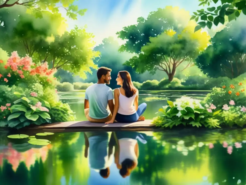 Retiros espirituales para parejas introspectivas: Acuarela serena de pareja en la naturaleza, sonriendo en armonía bajo la luz del sol entre flores