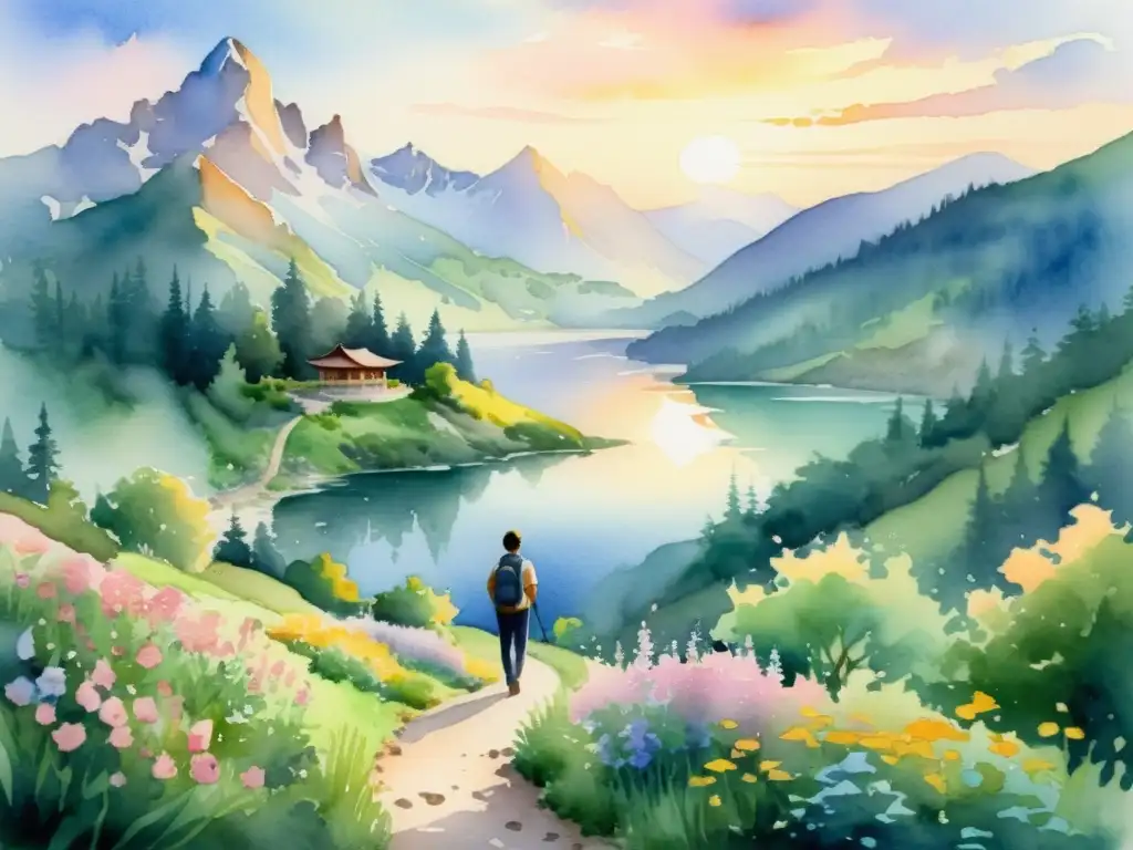 Retiro sereno en las montañas: amanecer pintoresco Retiros espirituales para parejas en un paisaje sereno de montaña al amanecer, con un lago y una pareja caminando de la mano