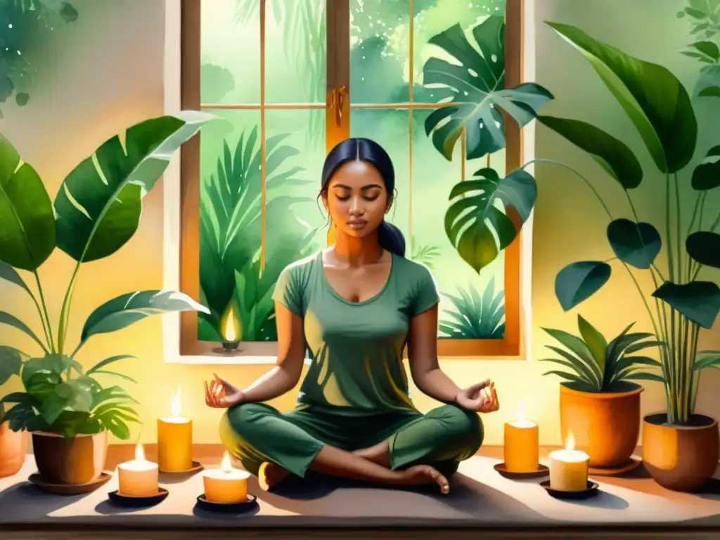 Meditación serena entre plantas y velas Retiros espirituales en línea introspección: Pintura acuarela con persona meditando en un ambiente sereno con velas y plantas verdes