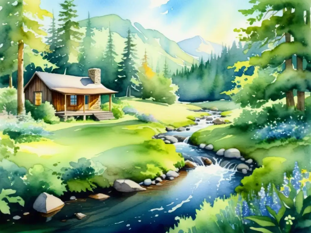 Armonía en el bosque: pintura acuarela de la naturaleza serena Retiros espirituales para la renovación personal: Una pintura tranquila de un claro en el bosque con un arroyo y una cabaña entre árboles