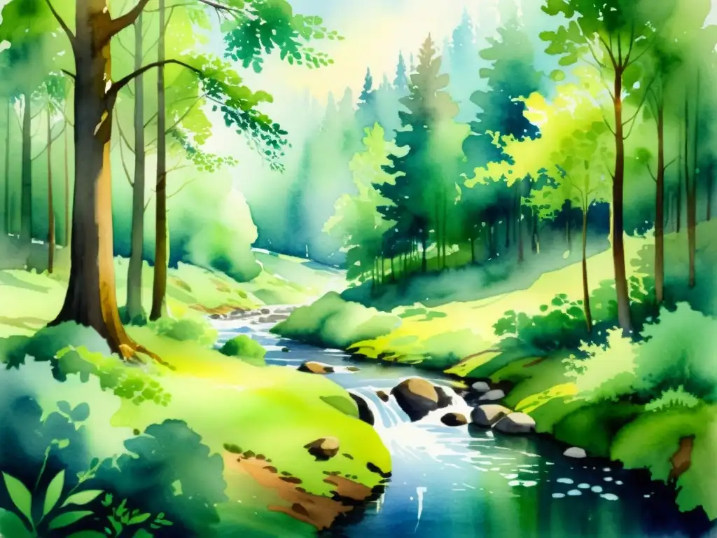 Paisaje sereno de bosque en acuarela Retiros espirituales de introspección personal: pintura acuarela de un claro boscoso con luz filtrada entre los árboles y un arroyo sereno