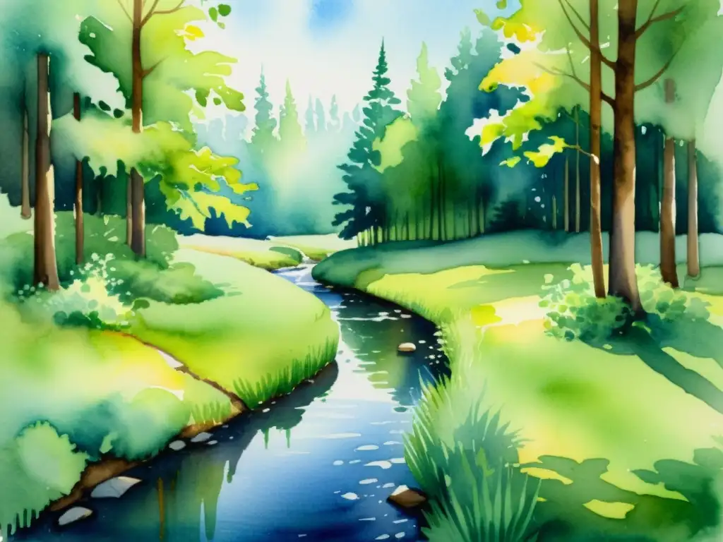 Claro Bosque Acuarela: Serenidad y Naturaleza Retiros espirituales para introspección personal: pintura acuarela serena de un claro en el bosque con luz solar entre las hojas y un arroyo