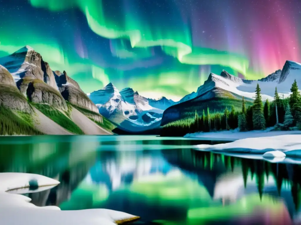 Lago tranquilo bajo auroras boreales Retiros espirituales en Escandinavia: Pintura acuarela de lago tranquilo entre montañas nevadas, con auroras boreales danzando en el cielo estrellado