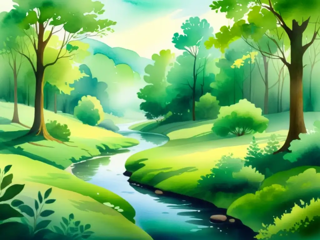 Retiros espirituales con realidad aumentada: Ilustración acuarela de un bosque sereno, iluminado por suave luz y rodeado de paz