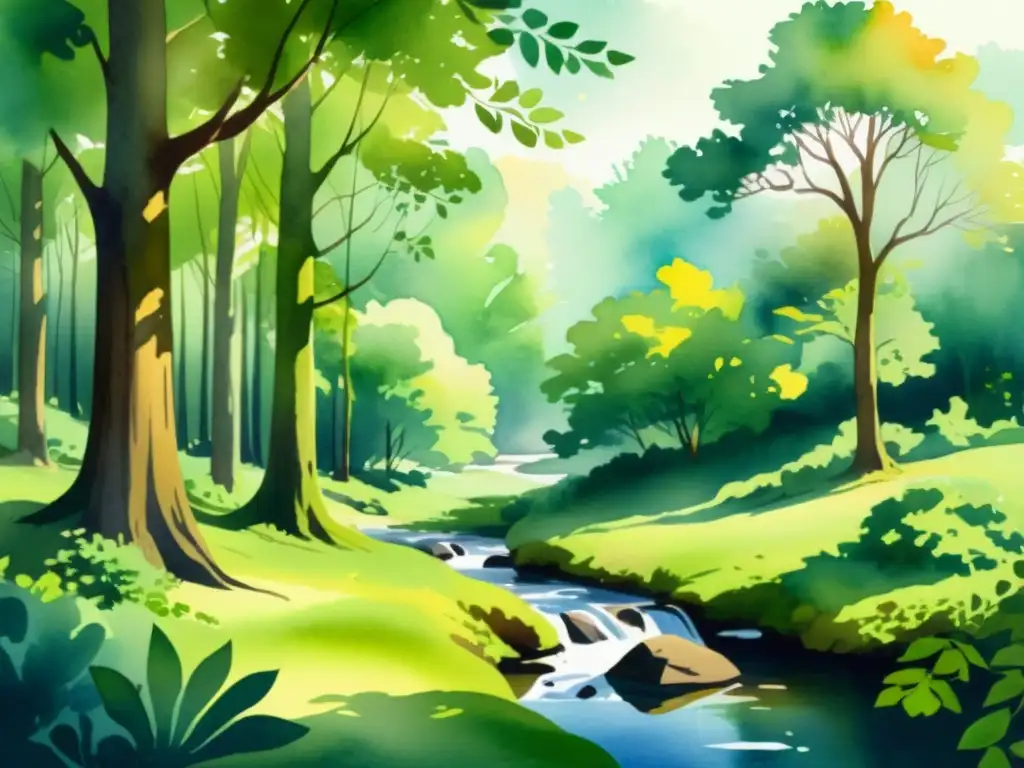 Retiros espirituales con realidad aumentada: Ilustración serena de un claro boscoso con luz filtrándose entre los árboles y un arroyo sereno