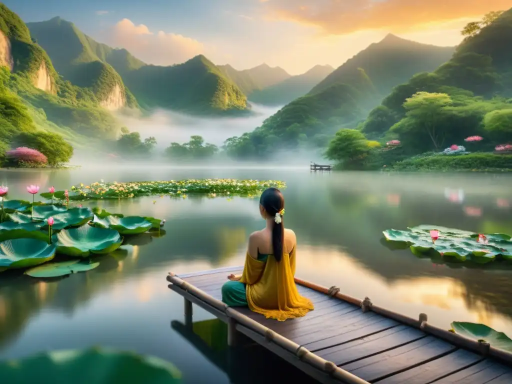 Retiros espirituales con realidad aumentada: Meditación en lago sereno con montañas verdes, lotos y mariposas bajo el cálido atardecer
