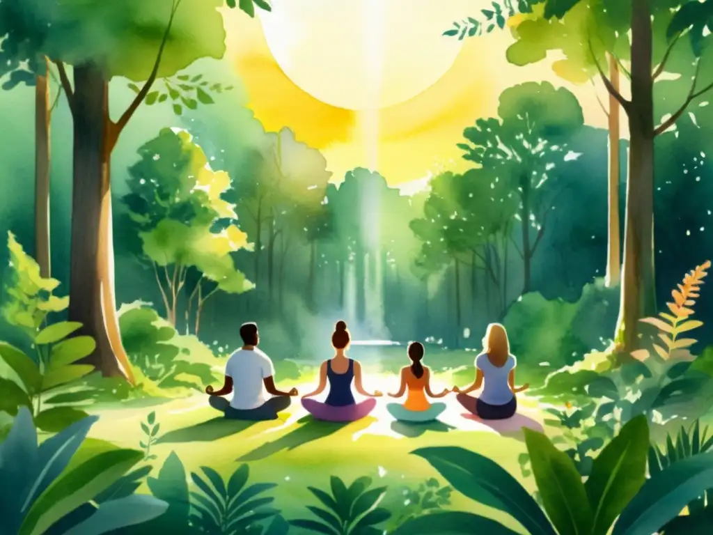 Meditación en el bosque: armonía y paz interior Retiros espirituales con realidad aumentada: Ilustración serena de personas meditando en un bosque tranquilo, con luz dorada entre los árboles