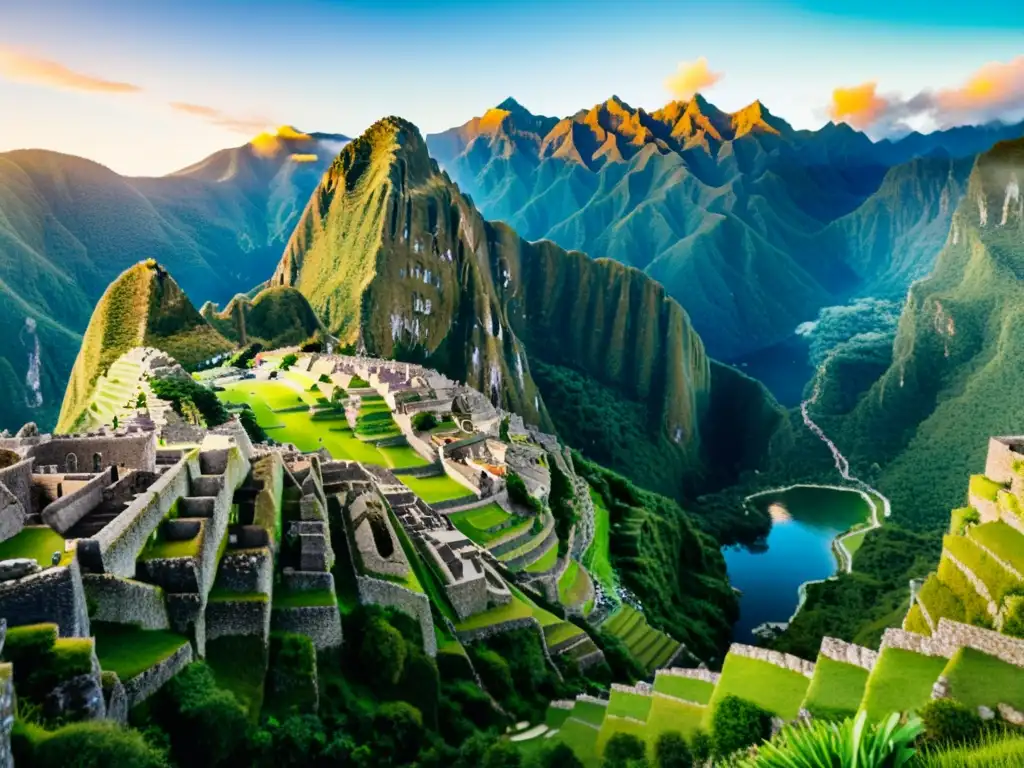 Machu Picchu al amanecer: belleza serena y espiritual Retiros espirituales en Machu Picchu: Ilustración acuarela de Machu Picchu al amanecer, rodeada de montañas verdes y un cielo vibrante reflejado en un lago tranquilo