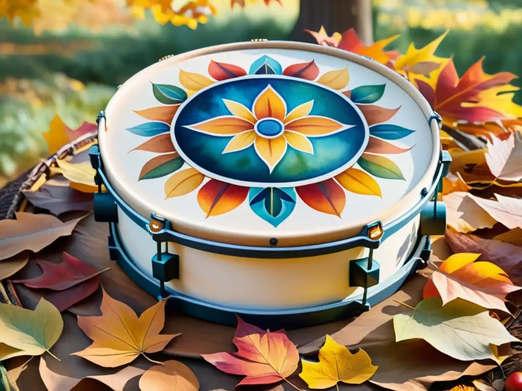 Pintura acuarela de un tambor chamánico en hojas otoñales Retiros espirituales sanación interior: Pintura serena de un tambor chamánico sobre hojas otoñales, con luz filtrándose entre los árboles