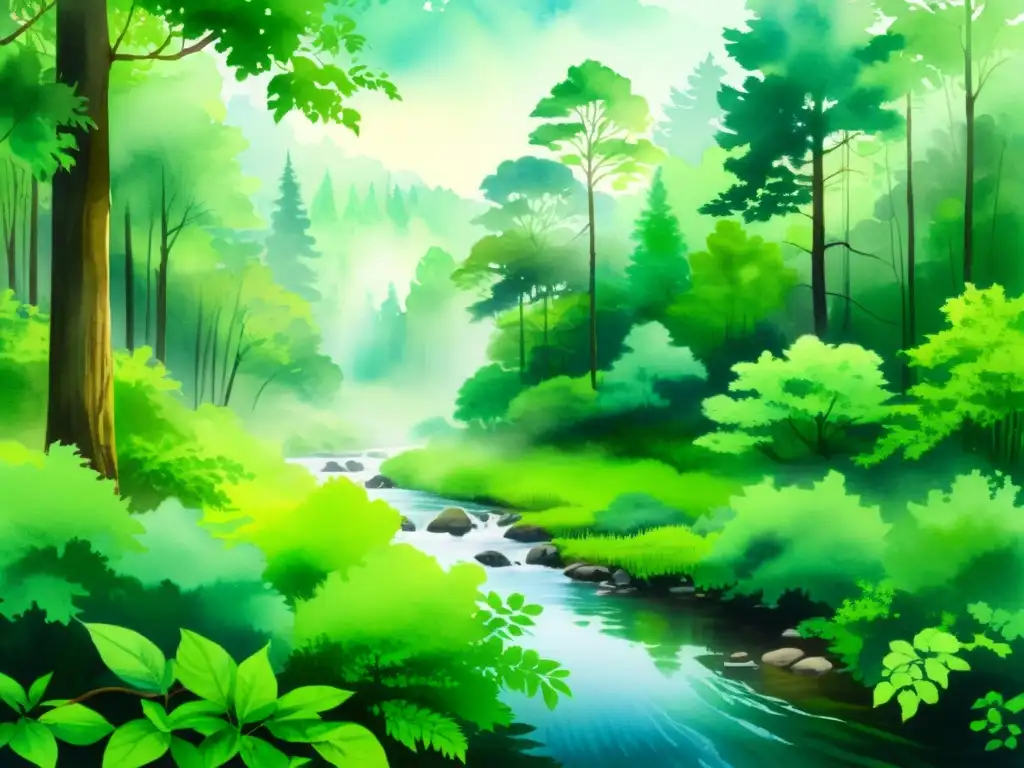 Bosque sereno: acuarela de naturaleza exuberante Retiros espirituales meditación IA: Ilustración serena de un exuberante bosque tranquilo, con una suave neblina entre los árboles y un arroyo