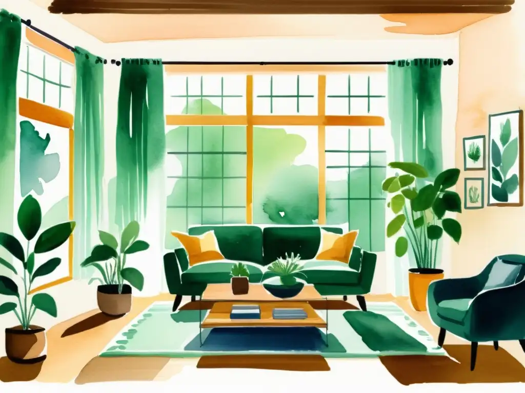 Ilustración acogedora de un hogar tranquilo Retiros espirituales para la renovación personal: Ilustración serena de un hogar acogedor, con luz natural iluminando un espacio ordenado y tranquilo