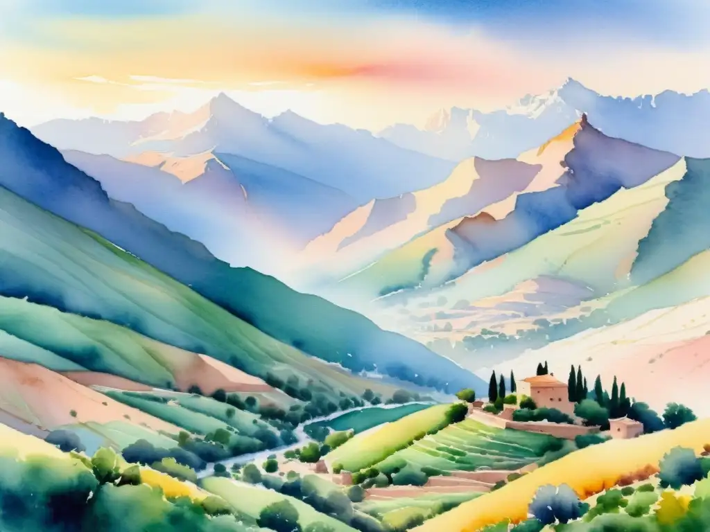 Pintura acuarela de los Montes Atlas al amanecer en Marruecos Retiros espirituales en Marruecos: Amanecer sereno sobre los picos de los Montes Atlas, en una acuarela que irradia paz y misticismo
