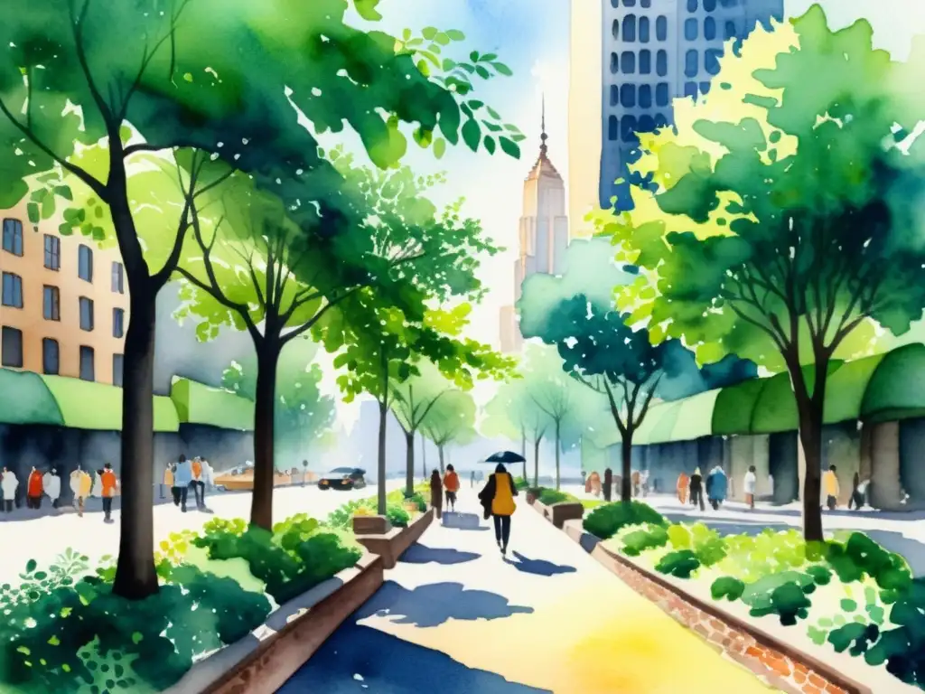 Refugios verdes en la jungla urbana: pintura serena Retiros espirituales urbanos: una ciudad bulliciosa contrasta con espacios verdes tranquilos, invitando a la introspección y renovación
