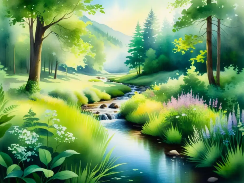 Paisaje natural sereno: acuarela etérea de un bosque tranquilo Retiros espirituales virtuales para renovación: pintura acuarela de un claro boscoso tranquilo, iluminado por suave luz solar y un arroyo serpenteante