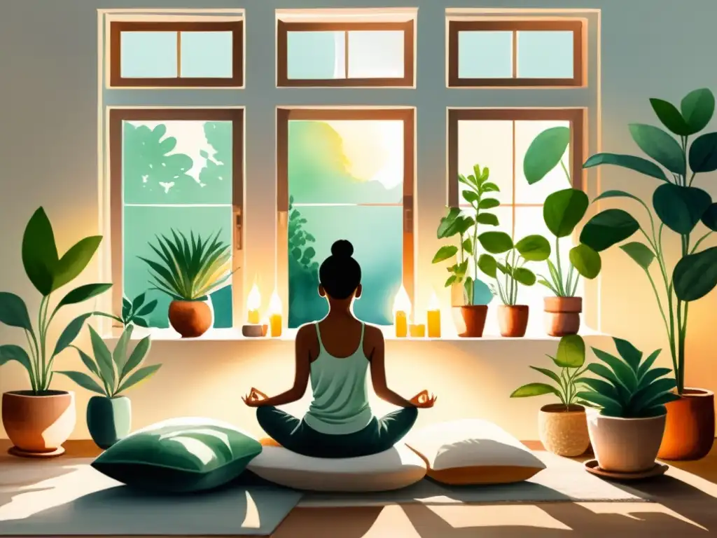 Serena meditación en acogedor espacio iluminado Retiros espirituales virtuales para principiantes: Ilustración acuarela de una habitación serena, con luz cálida, cojines suaves y atmósfera de paz