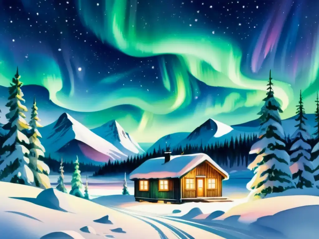 Pintura en acuarela 8k de auroras boreales en la noche ártica Retiros nocturnos en el Círculo Polar: Pintura en acuarela 8k de un paisaje nevado y sereno con auroras boreales en el cielo estrellado
