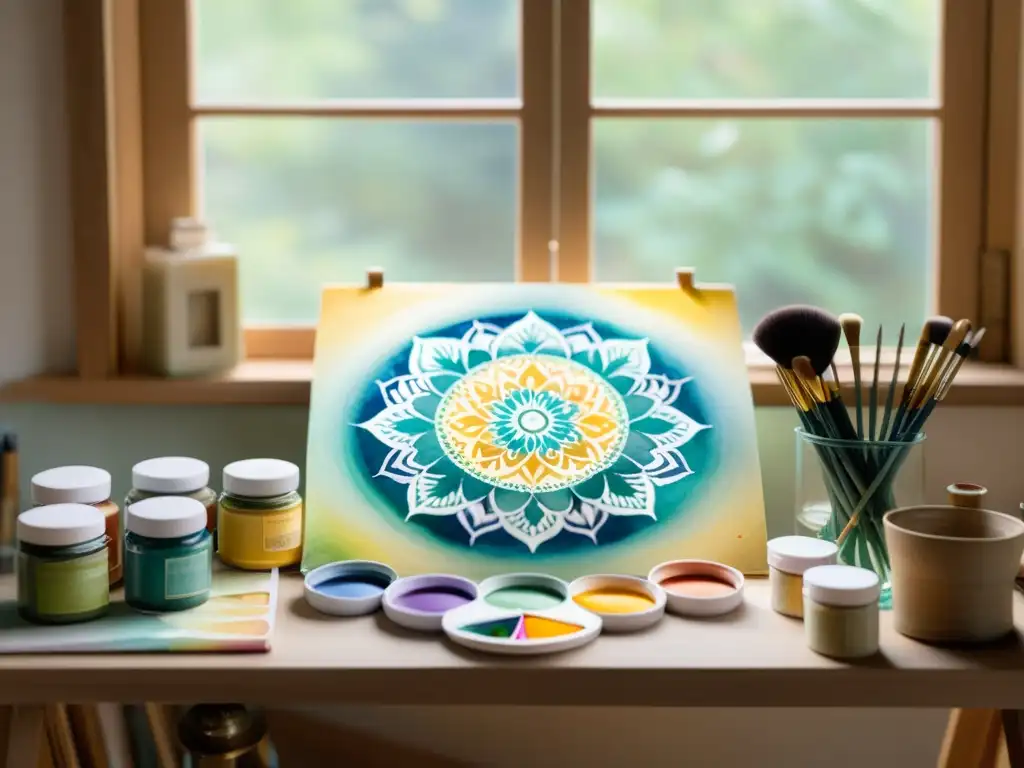 Creación de mandala en estudio luminoso Retiros de pintura mandala espiritual: Atmósfera serena en estudio soleado, con mandala en progreso y vibrantes acuarelas