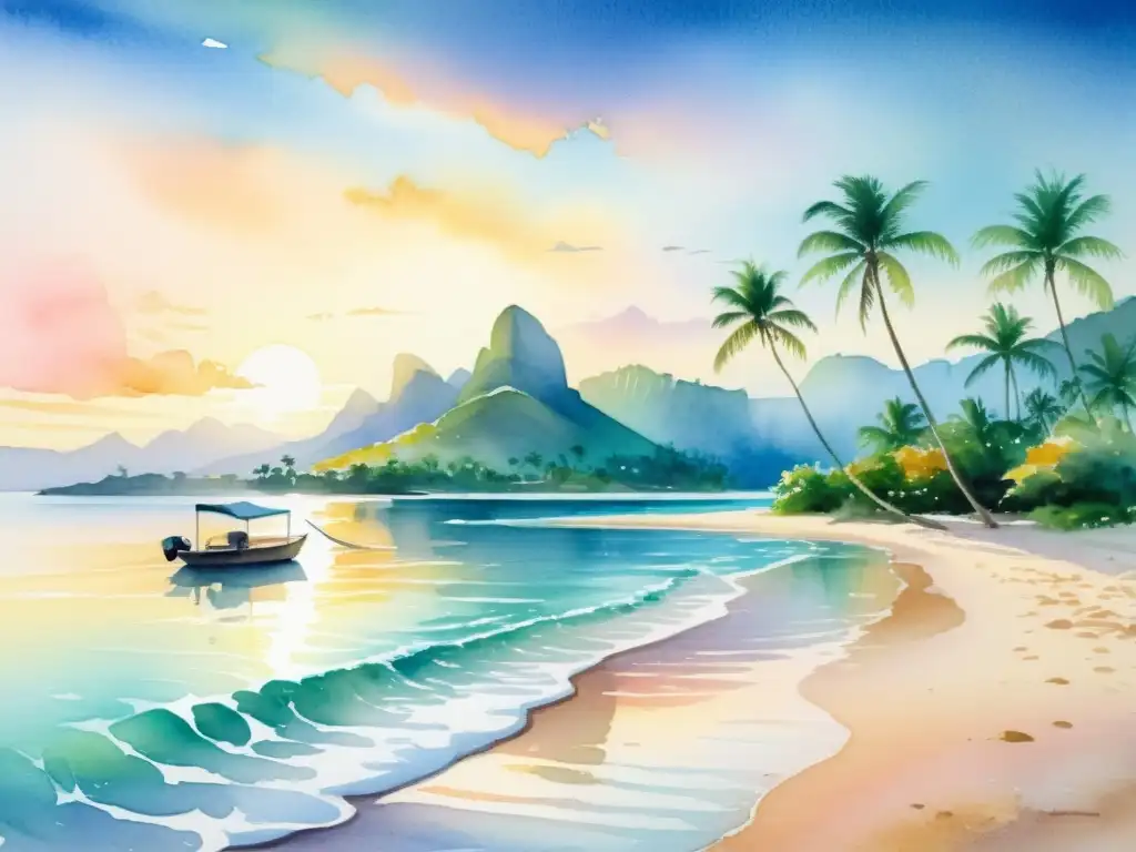 Pintura al agua: playa polinesia al amanecer Retiros de mindfulness polinesios para renovación: tranquilidad en una playa al amanecer, con palmeras y mar sereno
