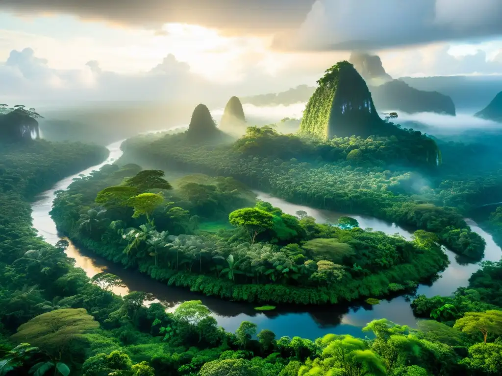 Selva amazónica: exuberancia y misterio Retiros chamánicos selva amazónica: Escena de jungla exuberante con árboles gigantes, aves y río serpenteante