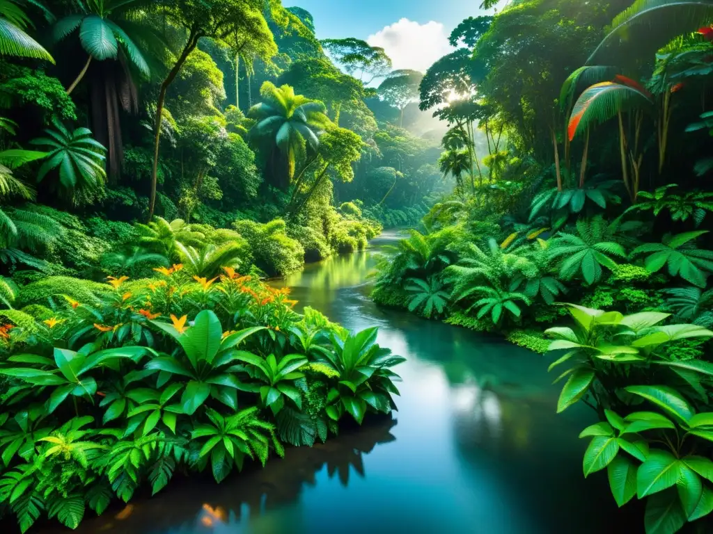 Selva tropical exuberante: color y serenidad Retiros sensoriales en selvas tropicales: exuberante bosque lluvioso tropical con vegetación vibrante y exóticas flores coloridas, con luz solar filtrándose a través del dosel denso y creando patrones moteados en el suelo del bosque