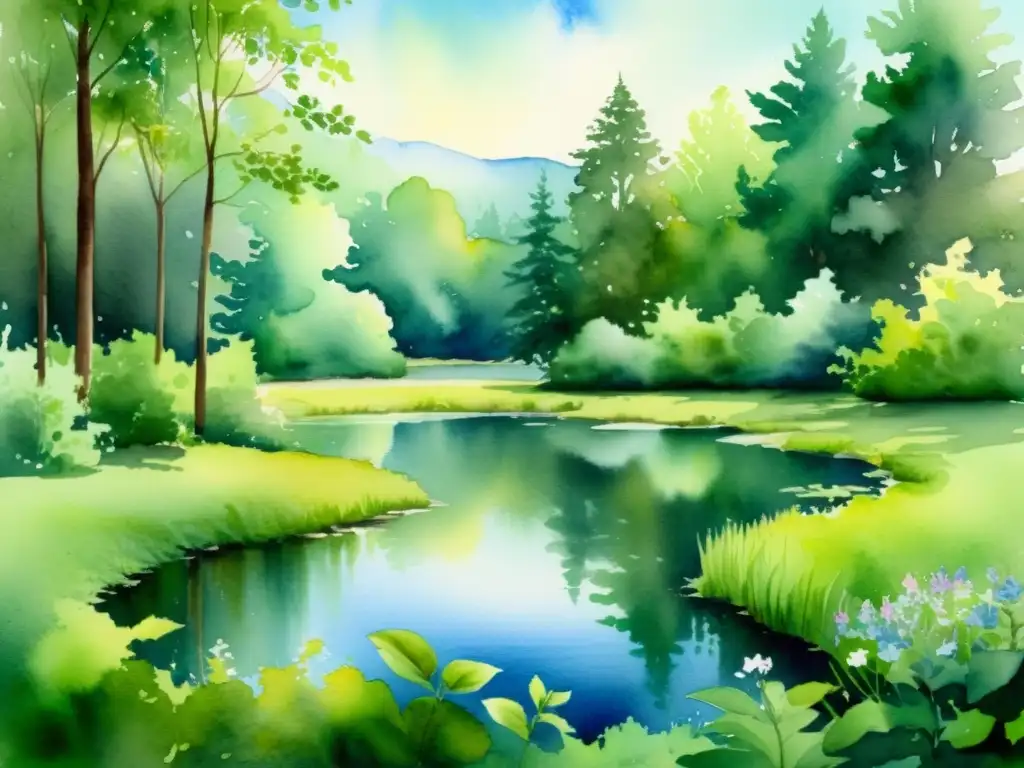 Bosque sereno: pintura acuarela de un estanque tranquilo Retiros de silencio para renovación: pintura acuarela de un claro en el bosque, con luz filtrándose entre el dosel verde sobre un tranquilo estanque