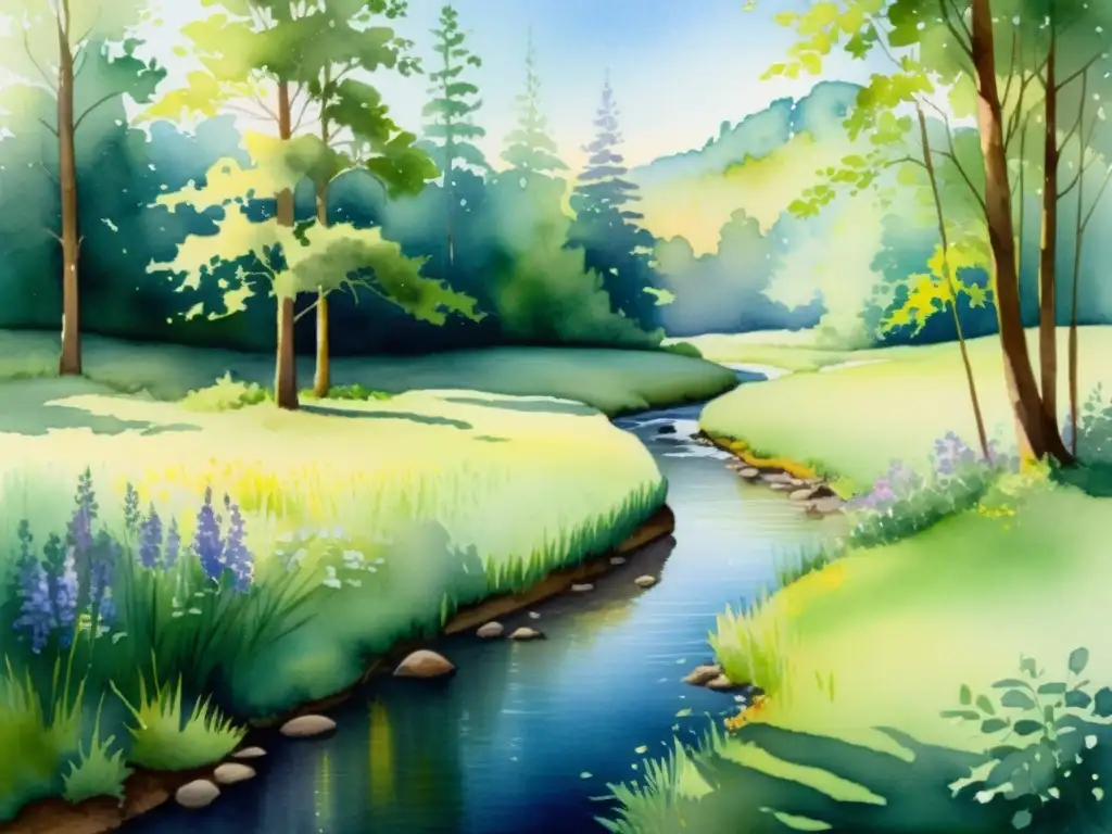 Bosque sereno: acuarela de paz y belleza natural Retiros de silencio para introspección: pintura acuarela de un claro bosque tranquilo con luz solar filtrándose entre las hojas y un arroyo sereno
