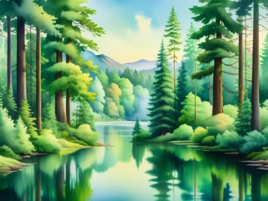 Pintura acuarela de un bosque sereno con lago Retiros de silencio para renovación: Pintura acuarela de un tranquilo bosque con un sereno lago en el centro, reflejando la exuberante vegetación