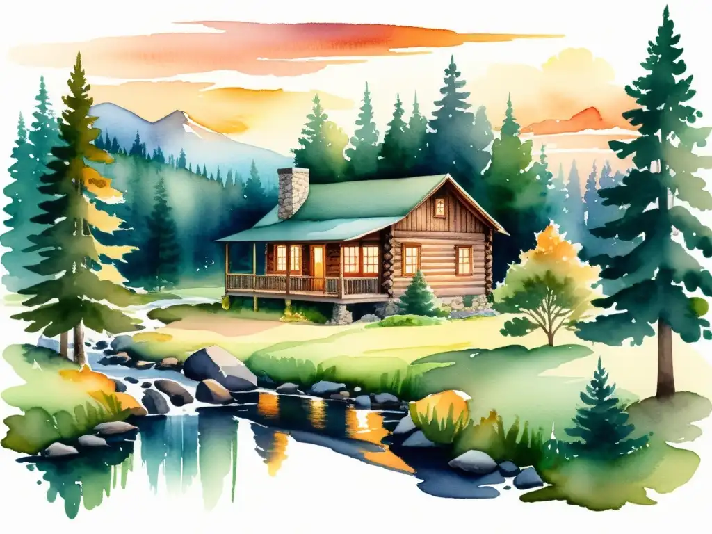 Pintura acuarela: cabaña entre pinos al atardecer Retiros de silencio para escritores: Pintura acuarela de cabaña en bosque de pinos con arroyo, atardecer cálido y sereno